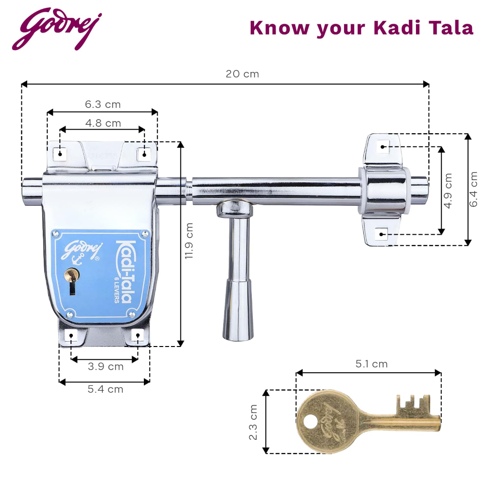 Godrej Locks I Kadi-Tala 6 Lever 200 mm I 2 keys I for Double Door, Fitting outside of door pannel I Alloy steel body double Locking Mechanism for main door I Silver Finish